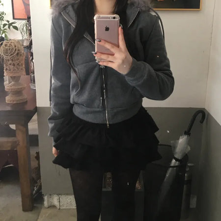 Fur Fleece-lined Vintage Zip-up Hoodie Y2K Crop Year-end
