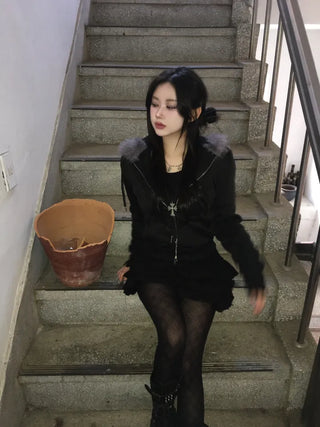 Fur Fleece-lined Vintage Zip-up Hoodie Y2K Crop Year-end