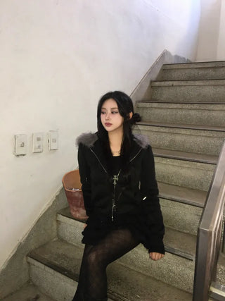 Fur Fleece-lined Vintage Zip-up Hoodie Y2K Crop Year-end