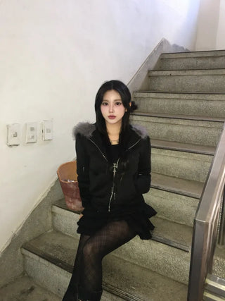 Fur Fleece-lined Vintage Zip-up Hoodie Y2K Crop Year-end