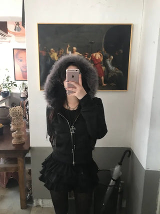 Fur Fleece-lined Vintage Zip-up Hoodie Y2K Crop Year-end