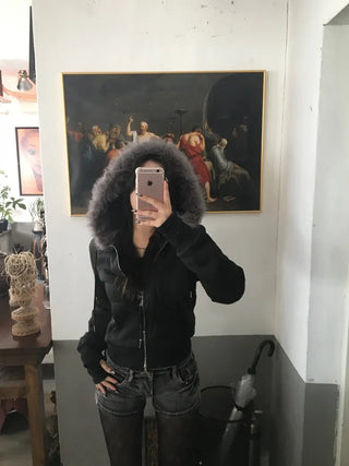 Fur Fleece-lined Vintage Zip-up Hoodie Y2K Crop Year-end