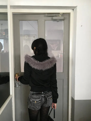 Fur Fleece-lined Vintage Zip-up Hoodie Y2K Crop Year-end