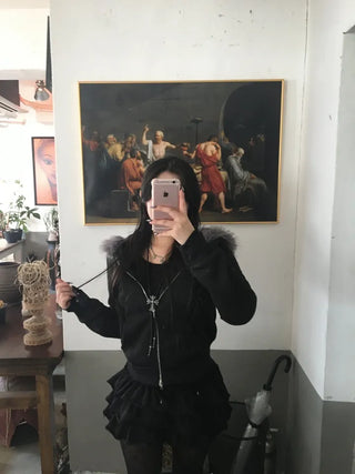 Fur Fleece-lined Vintage Zip-up Hoodie Y2K Crop Year-end