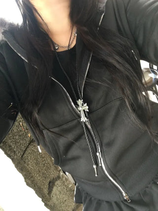 Fur Fleece-lined Vintage Zip-up Hoodie Y2K Crop Year-end