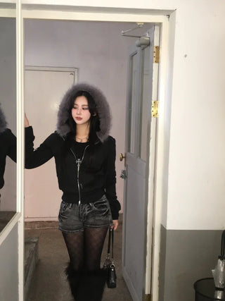 Fur Fleece-lined Vintage Zip-up Hoodie Y2K Crop Year-end
