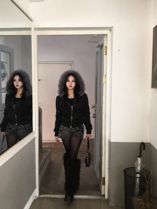 Fur Fleece-lined Vintage Zip-up Hoodie Y2K Crop Year-end