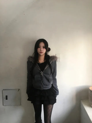 Fur Fleece-lined Vintage Zip-up Hoodie Y2K Crop Year-end