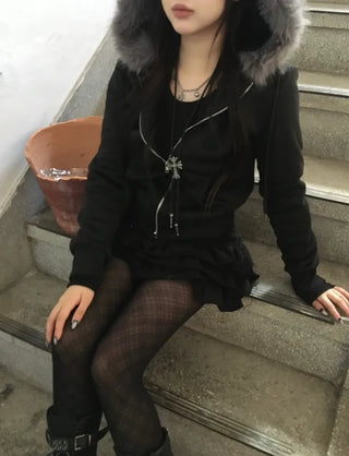Fur Fleece-lined Vintage Zip-up Hoodie Y2K Crop Year-end