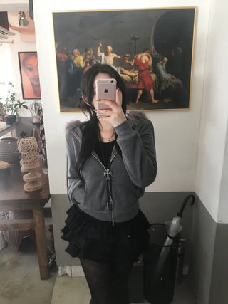 Fur Fleece-lined Vintage Zip-up Hoodie Y2K Crop Year-end