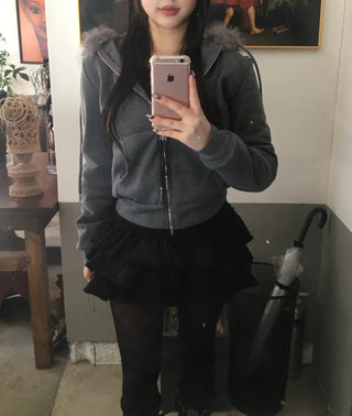 Fur Fleece-lined Vintage Zip-up Hoodie Y2K Crop Year-end