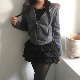 Fur Fleece-lined Vintage Zip-up Hoodie Y2K Crop Year-end