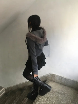 Fur Fleece-lined Vintage Zip-up Hoodie Y2K Crop Year-end