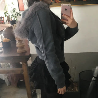 Fur Fleece-lined Vintage Zip-up Hoodie Y2K Crop Year-end