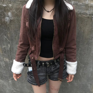 Per Suede Crop Jacket Quilted Belted Fur Collar