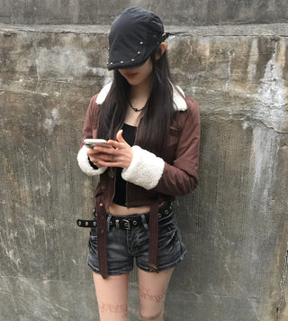 Per Suede Crop Jacket Quilted Belted Fur Collar