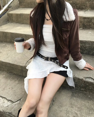 Per Suede Crop Jacket Quilted Belted Fur Collar
