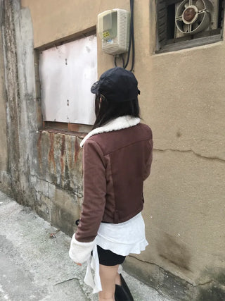 Per Suede Crop Jacket Quilted Belted Fur Collar