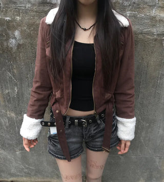 Per Suede Crop Jacket Quilted Belted Fur Collar