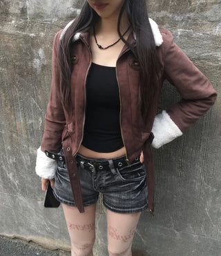 Per Suede Crop Jacket Quilted Belted Fur Collar