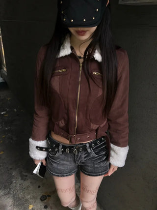 Per Suede Crop Jacket Quilted Belted Fur Collar