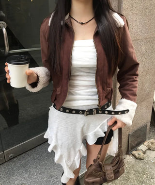 Per Suede Crop Jacket Quilted Belted Fur Collar