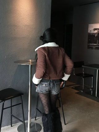 Per Suede Crop Jacket Quilted Belted Fur Collar