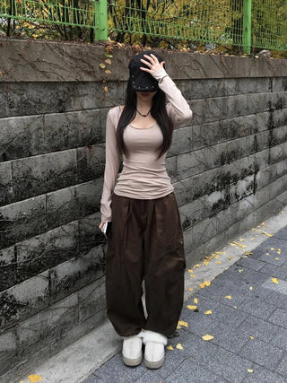 Cross Back Long Sleeve U-Neck Tee Slim Fit
