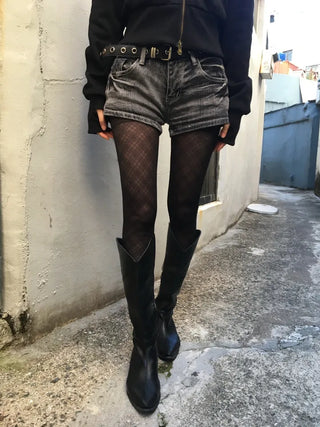 Black Check Stockings See-through Translucent Statement Tights Leg