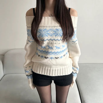 Snowflake Off-shoulder Knit Tee Christmas Party Look Year-end