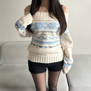 Snowflake Off-shoulder Knit Tee Christmas Party Look Year-end