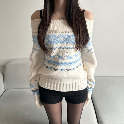 Snowflake Off-shoulder Knit Tee Christmas Party Look Year-end