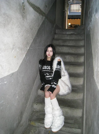 Snowflake Off-shoulder Knit Tee Christmas Party Look Year-end