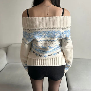 Snowflake Off-shoulder Knit Tee Christmas Party Look Year-end