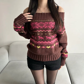 Snowflake Off-shoulder Knit Tee Christmas Party Look Year-end