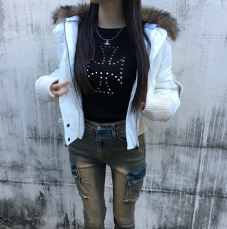 Bonnie Velvet Shearling Fur Quilted Jacket Hooded Padded