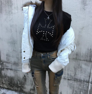 Bonnie Velvet Shearling Fur Quilted Jacket Hooded Padded