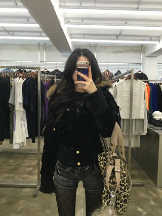 Bonnie Velvet Shearling Fur Quilted Jacket Hooded Padded