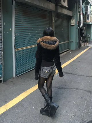 Bonnie Velvet Shearling Fur Quilted Jacket Hooded Padded