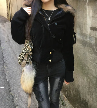 Bonnie Velvet Shearling Fur Quilted Jacket Hooded Padded