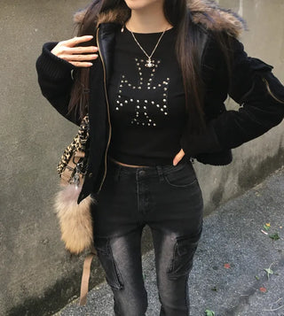 Bonnie Velvet Shearling Fur Quilted Jacket Hooded Padded