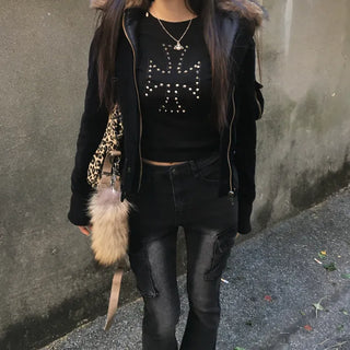Bonnie Velvet Shearling Fur Quilted Jacket Hooded Padded