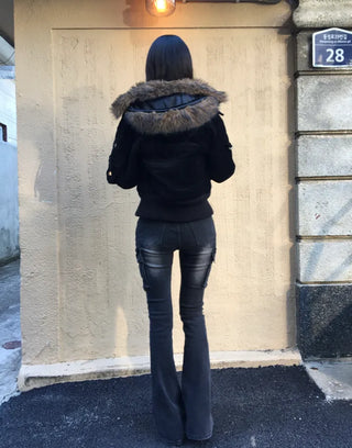 Bonnie Velvet Shearling Fur Quilted Jacket Hooded Padded