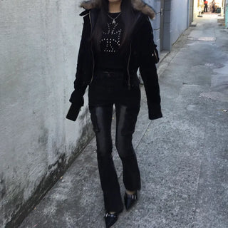 Bonnie Velvet Shearling Fur Quilted Jacket Hooded Padded
