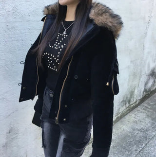 Bonnie Velvet Shearling Fur Quilted Jacket Hooded Padded