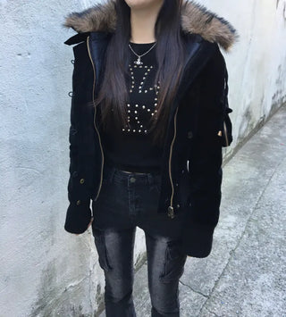 Bonnie Velvet Shearling Fur Quilted Jacket Hooded Padded