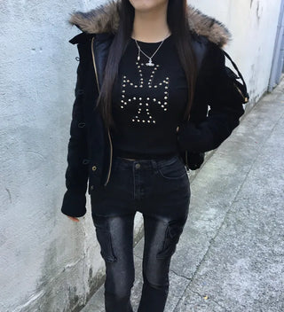 Bonnie Velvet Shearling Fur Quilted Jacket Hooded Padded