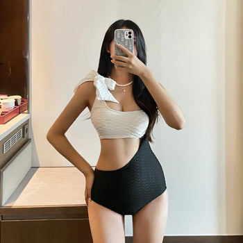 Tulle Ribbon Cutout Color Block Monokini Bikini