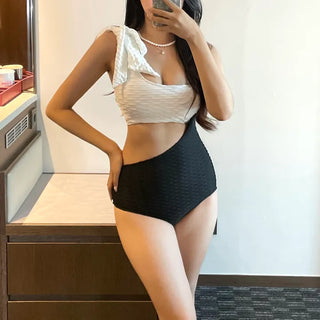 Tulle Ribbon Cutout Color Block Monokini Bikini