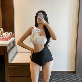 Tulle Ribbon Cutout Color Block Monokini Bikini
